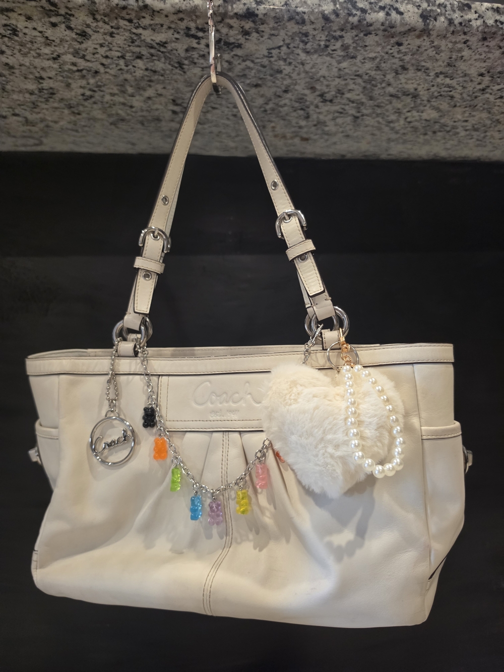 Coach Cream Leather Shoulder Tote with Playful Charm Accents